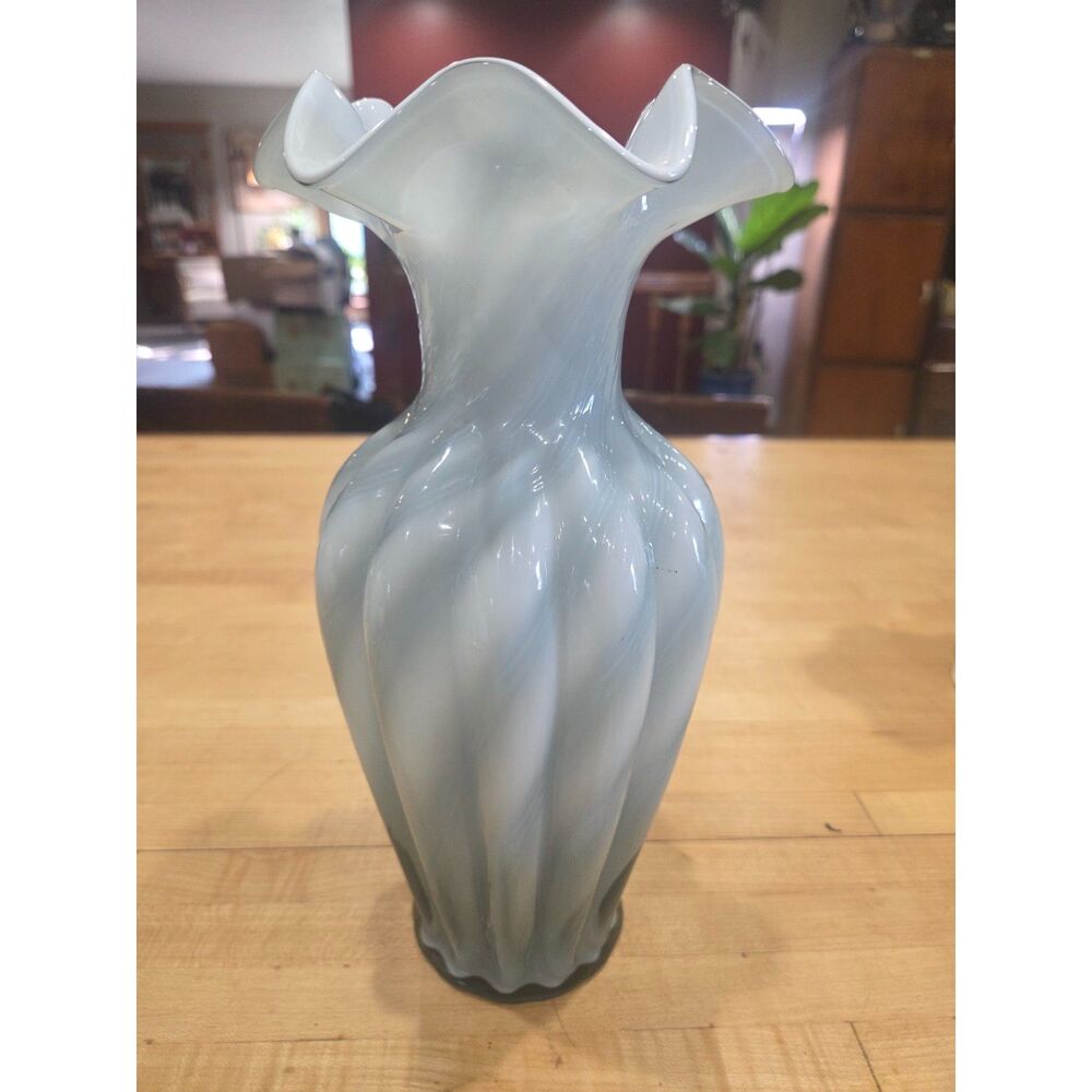 Vintage Fenton Gray White Slag Swirl Glass Ruffled Vase 11" Rose Crest MCM